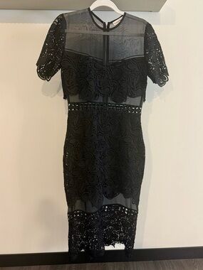 Karina Grimaldi Black Lace Midi Dress with Sheer Insets